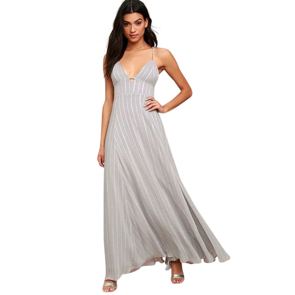 Lulus Elevate Light Grey Embroidered Maxi Dress‎ size Large Fairy Whimsical NWT